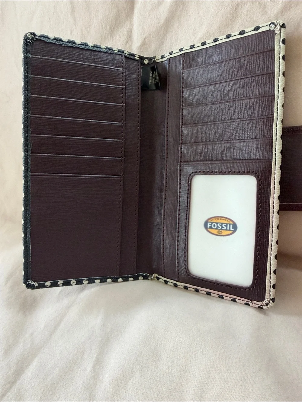 Fossil Logan Polka Dot Leather Trim Slim Tab Clutch Wallet